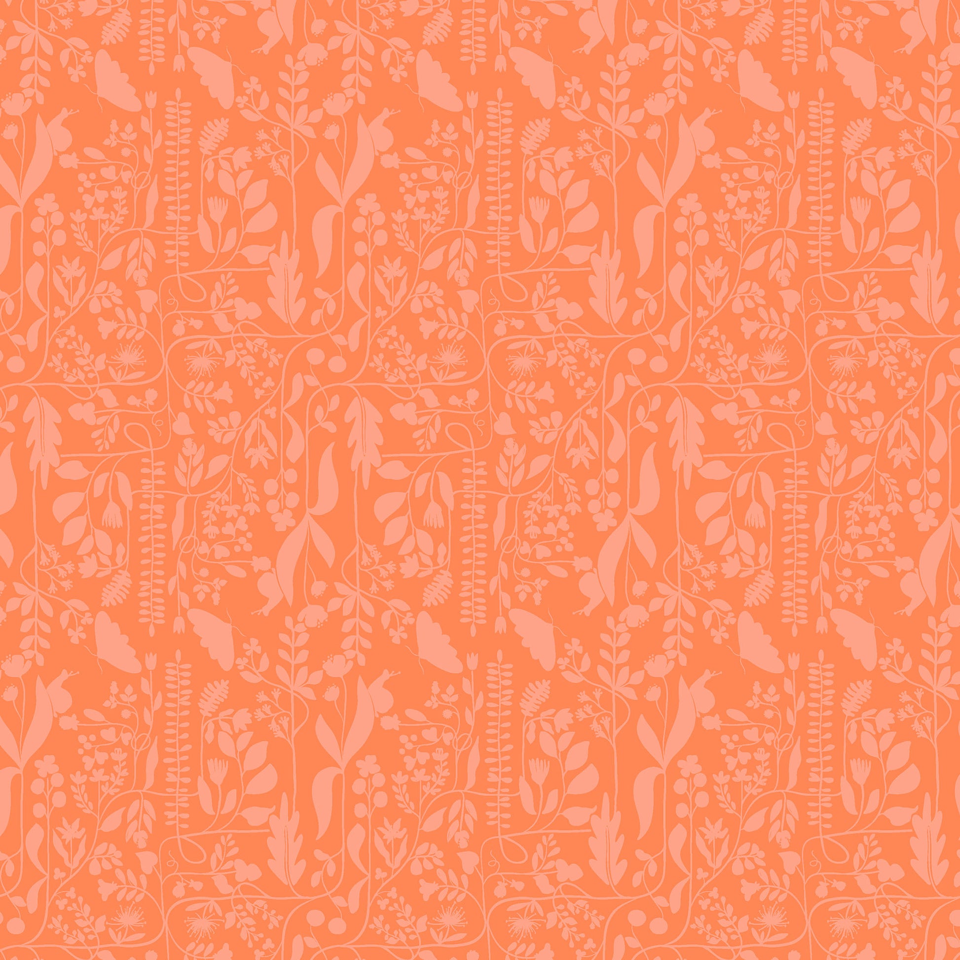 two tone repeat pattern of light coral vines and butterflies on a bcoral ground, printed on fabric