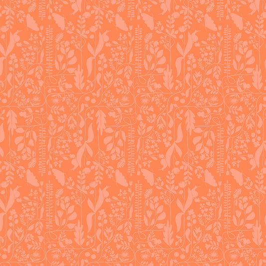 two tone repeat pattern of light coral vines and butterflies on a bcoral ground, printed on fabric