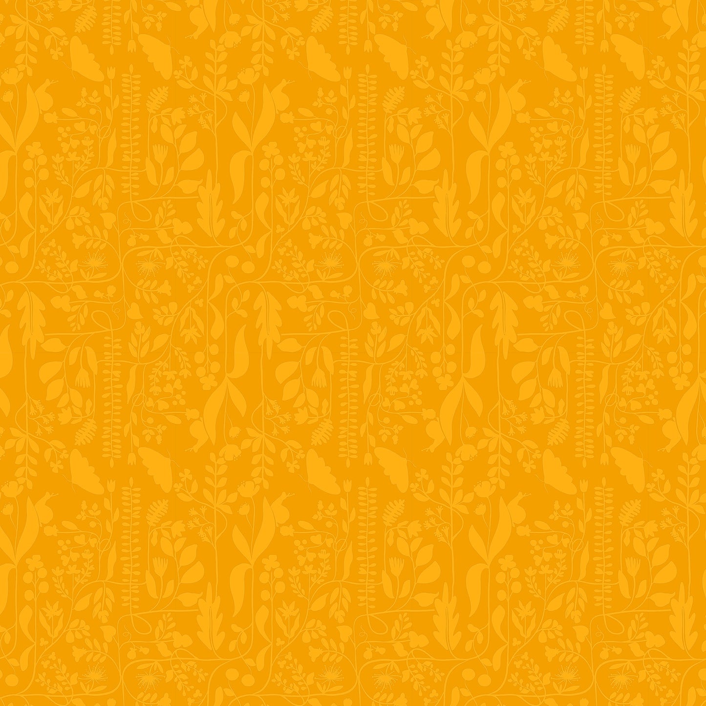 two tone repeat pattern of bright gold vines and butterflies on a rich gold ground, printed on fabric