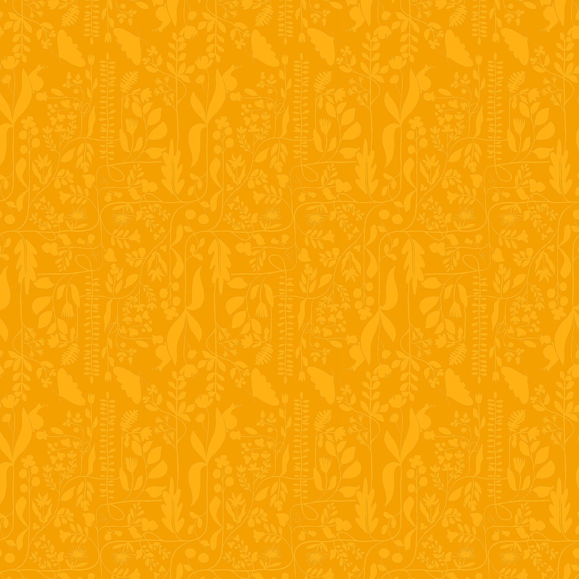two tone repeat pattern of bright gold vines and butterflies on a rich gold ground, printed on fabric