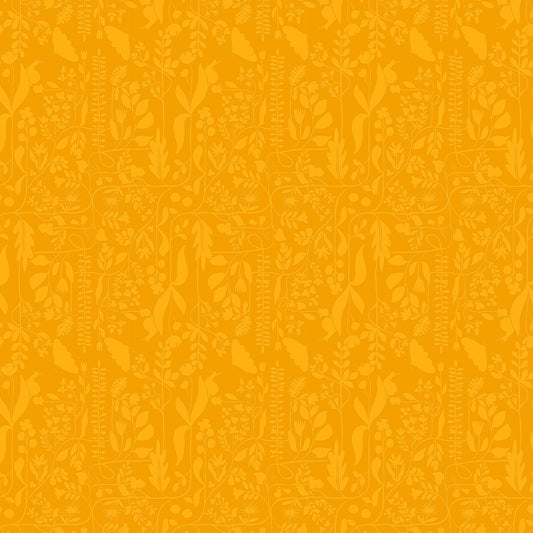 two tone repeat pattern of bright gold vines and butterflies on a rich gold ground, printed on fabric