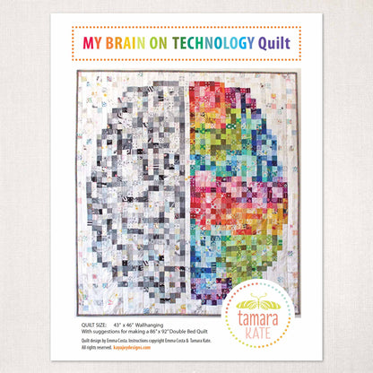 quilt pattern cover showing a pixelated brain, half black, grey and white, half rainbow coloured.