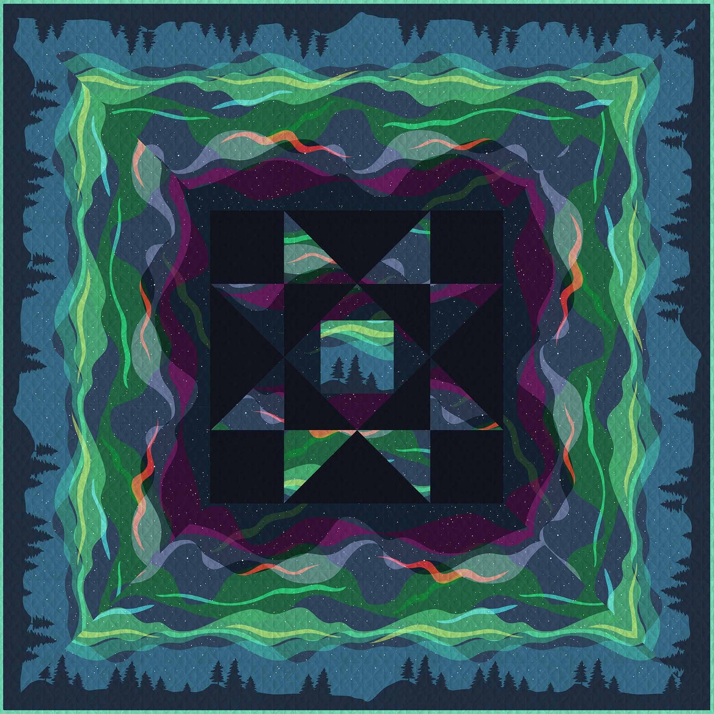 a medallion quilt with northern lights fabrics forming a wide border around a central medallion in colours of blue, purple, green and black