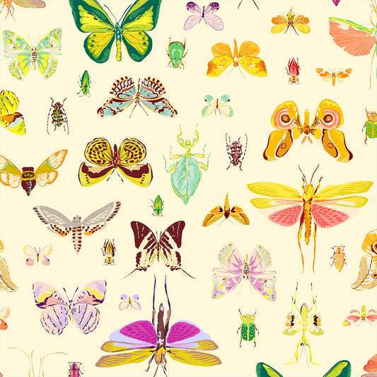 illustrations of butterflies, beetles and other insects in greens, purples, coral, grey and gold on a cream ground, printed on fabric