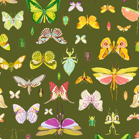 illustrations of butterflies, beetles and other insects in greens, purples, coral, grey and gold on a dark olive ground, printed on fabric