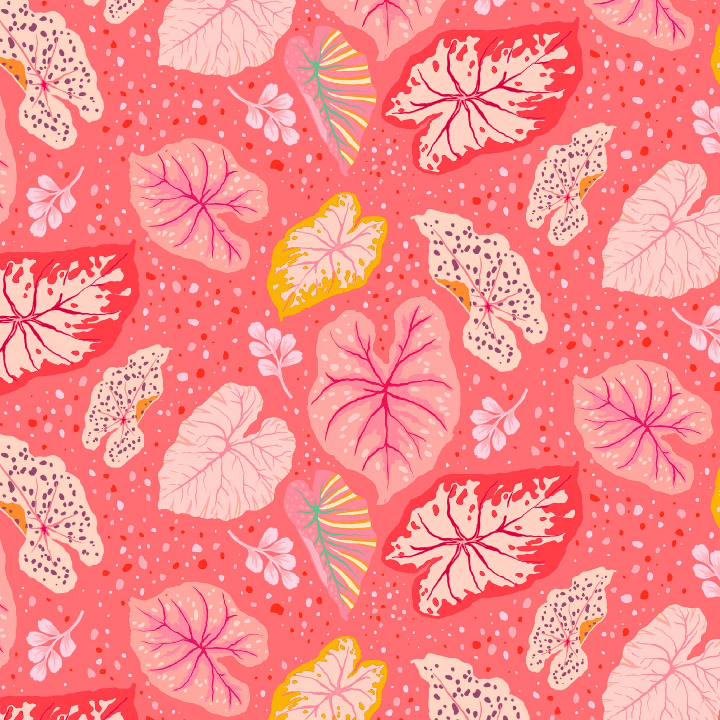 tropical leaves in light corals, red and creamy pink on a coral ground with spots, printed on fabric