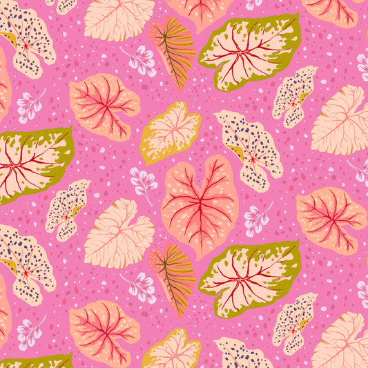 tropical leaves in corals and olive on a lilac ground with spots, printed on fabric