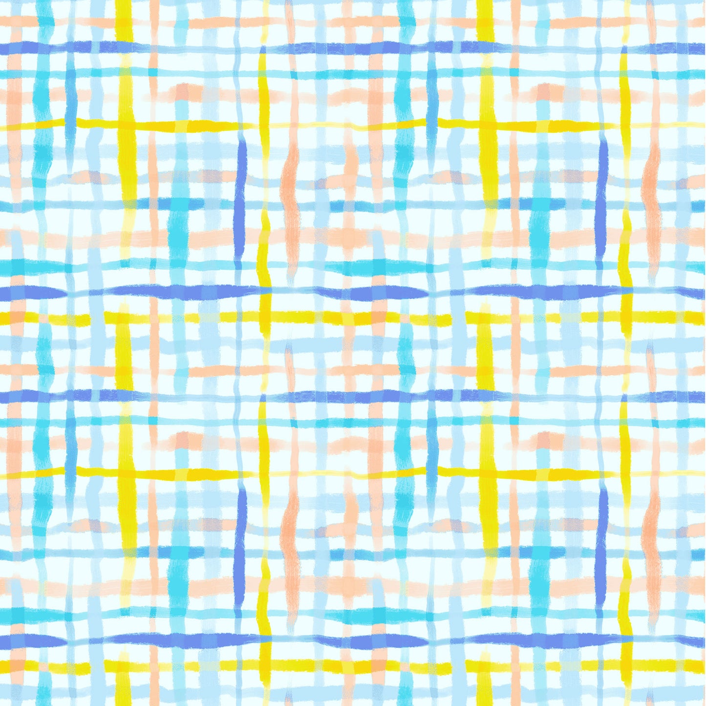 watercolour plaid in blues, yellow and light coral on a white ground, printed on fabric