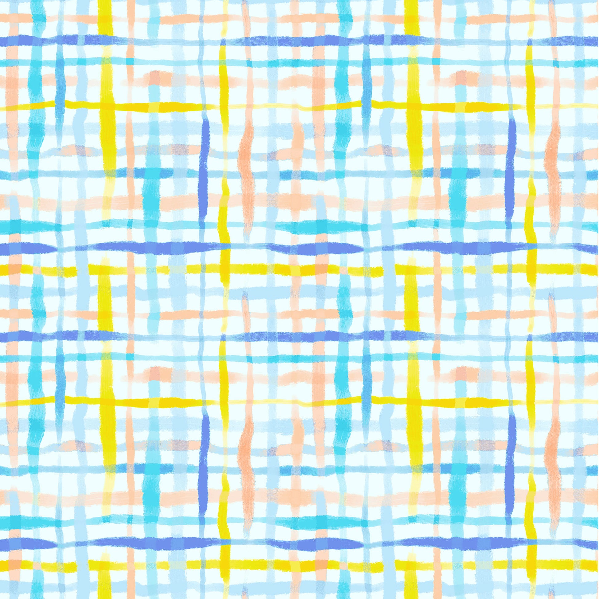 watercolour plaid in blues, yellow and light coral on a white ground, printed on fabric