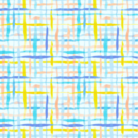 watercolour plaid in blues, yellow and light coral on a white ground, printed on fabric