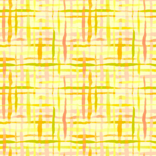 a watercolour plaid in coral, yellow and olive on a cream ground