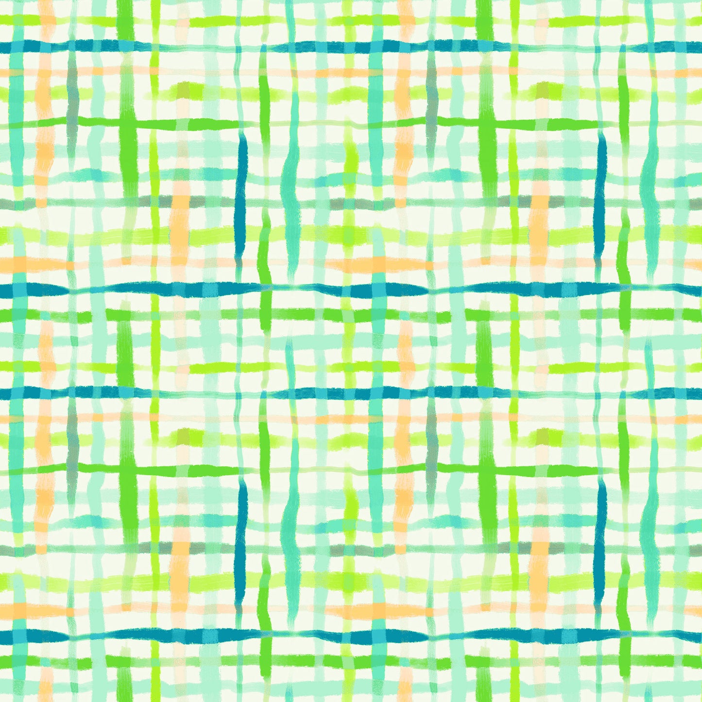 watercolour plaid in greens, teals and light coral on a white ground, printed on fabric