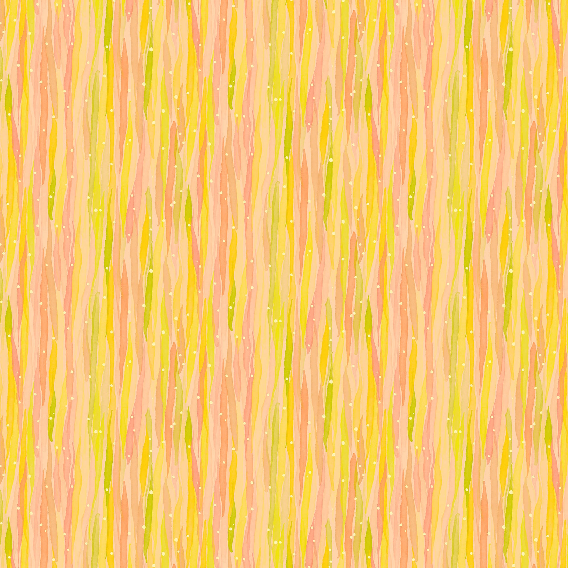 soft watercolour overlapping strokes in corals, yellow and green on a light pink ground with tiny white dots