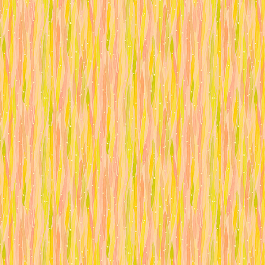 soft watercolour overlapping strokes in corals, yellow and green on a light pink ground with tiny white dots
