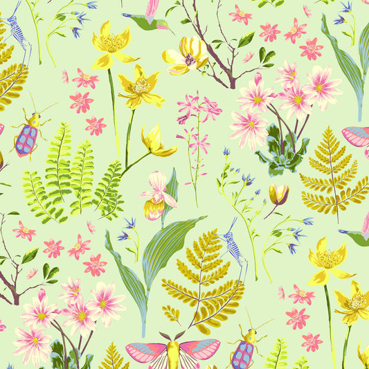 illustrated fern leaves, orchids, tulips and insects in pinks and greens on a soft green ground, printed on fabric