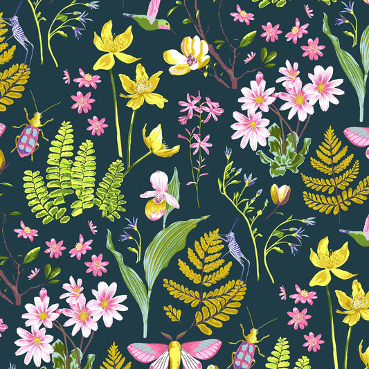 fern leaves, orchids, tulips and insects in pinks, yellows and greens on a very dark blue ground, printed on fabric