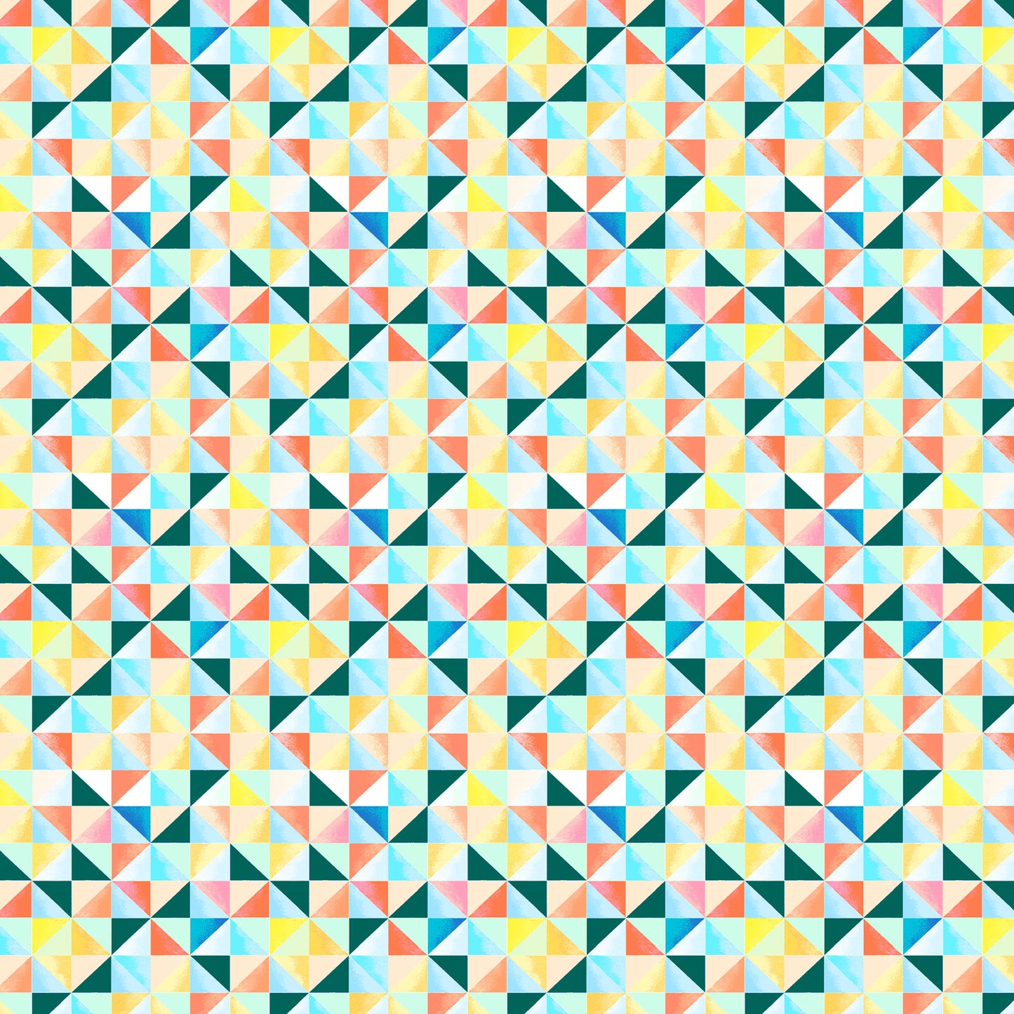 little watercolour triangles in rows in yellows, blues, turquoise and coral, resembling a quilt, printed on fabric