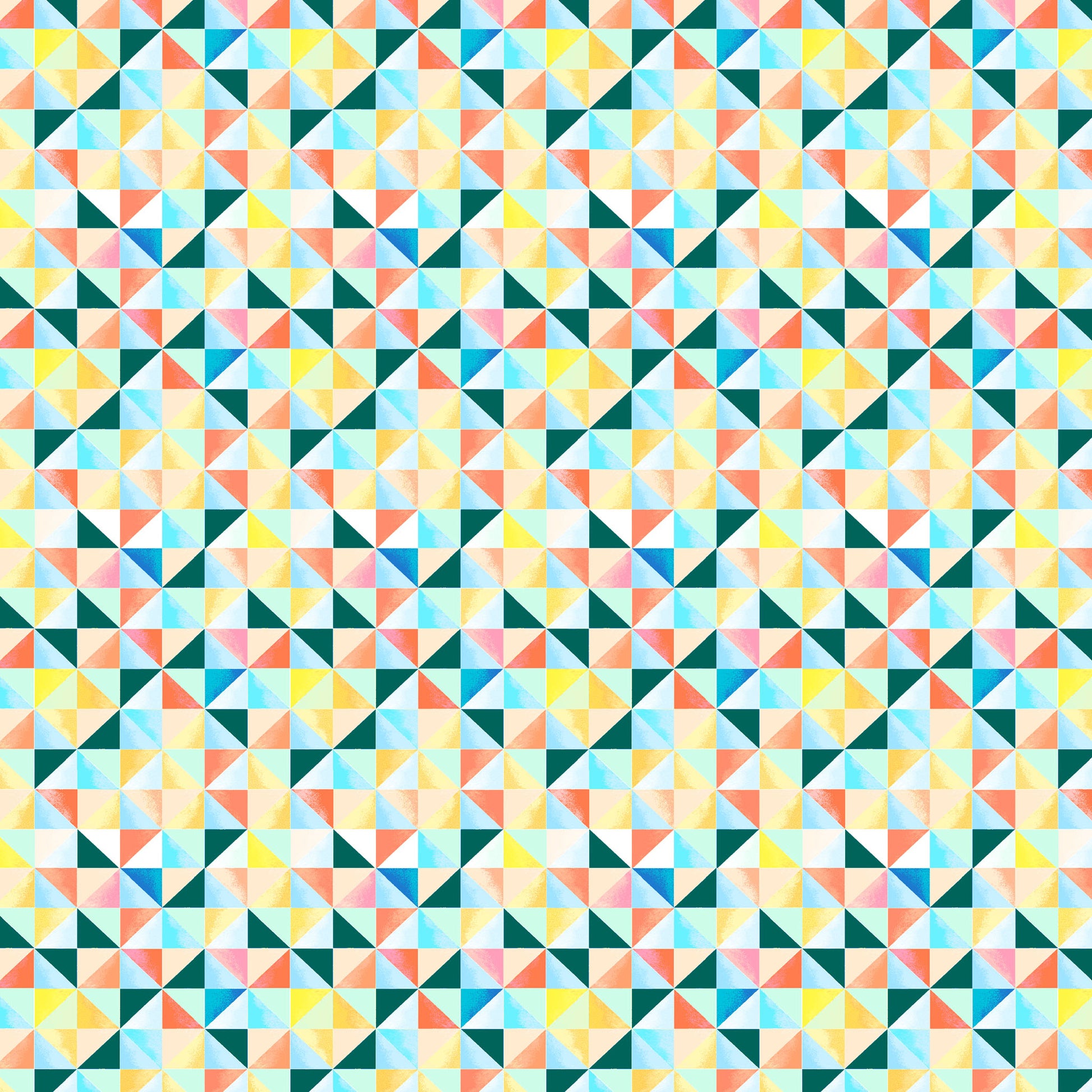 little watercolour triangles in rows in yellows, blues, turquoise and coral, resembling a quilt, printed on fabric