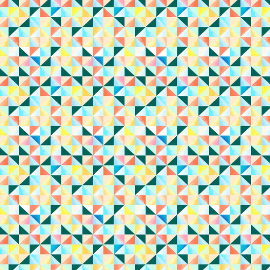 little watercolour triangles in rows in yellows, blues, turquoise and coral, resembling a quilt, printed on fabric