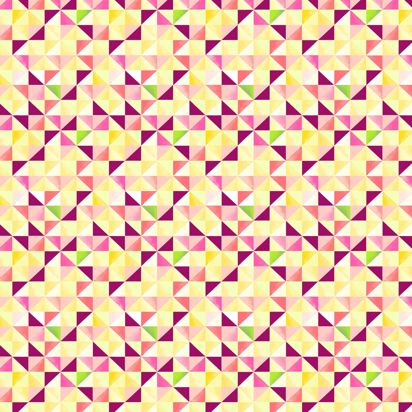 little watercolour triangles in rows in yellows, pinks, purples and green, resembling a quilt, printed on fabric