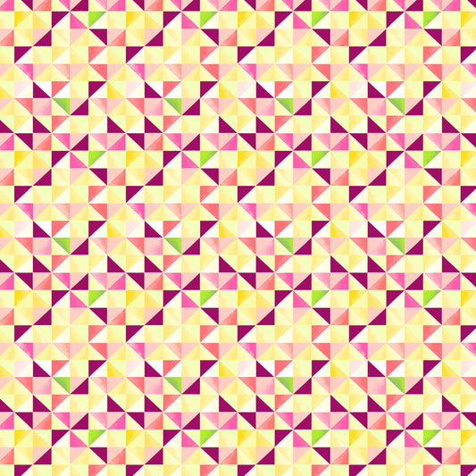 little watercolour triangles in rows in yellows, pinks, purples and green, resembling a quilt, printed on fabric