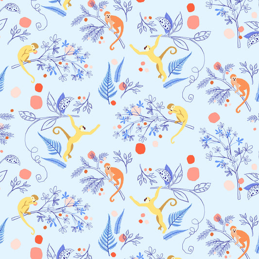 illustrated playful yellow and rust monkeys swinging from branches and eating fruit on a light blue ground, printed on fabric