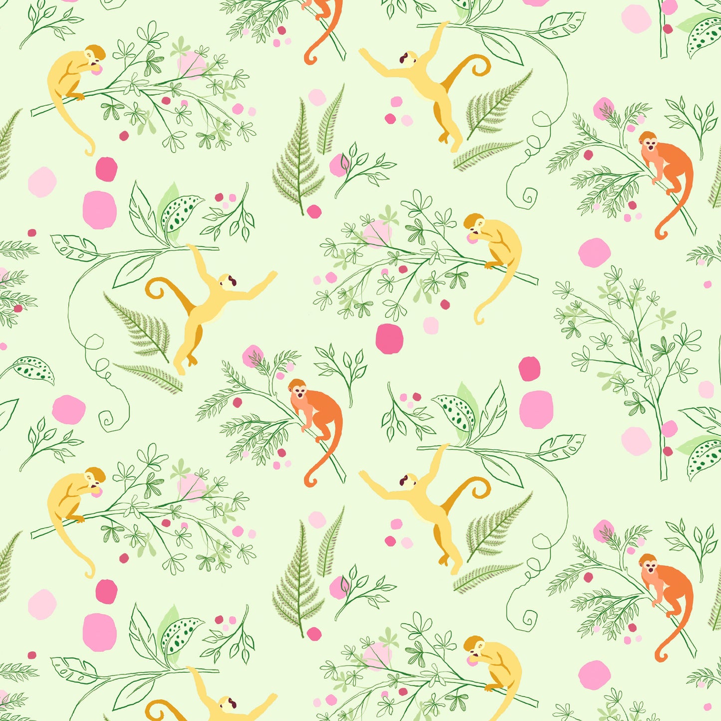 illustrated playful yellow and rust monkeys swinging from branches and eating fruit on a light green ground, printed on fabric