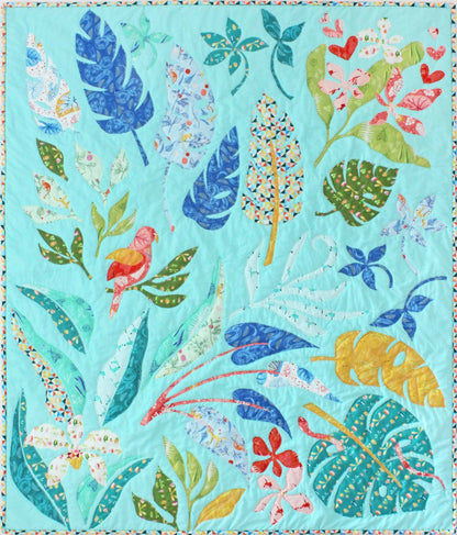 aqua coloured quilt with colourfu appliqués of tropical leaves and flowers, parrot and snake