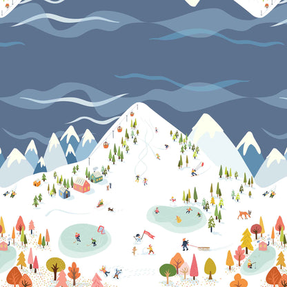 Illustration of a snowy mountain resort with people skiing and snowboarding.