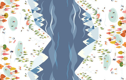 Design of snowy mountains with trees and blue sky and a village ski scene
