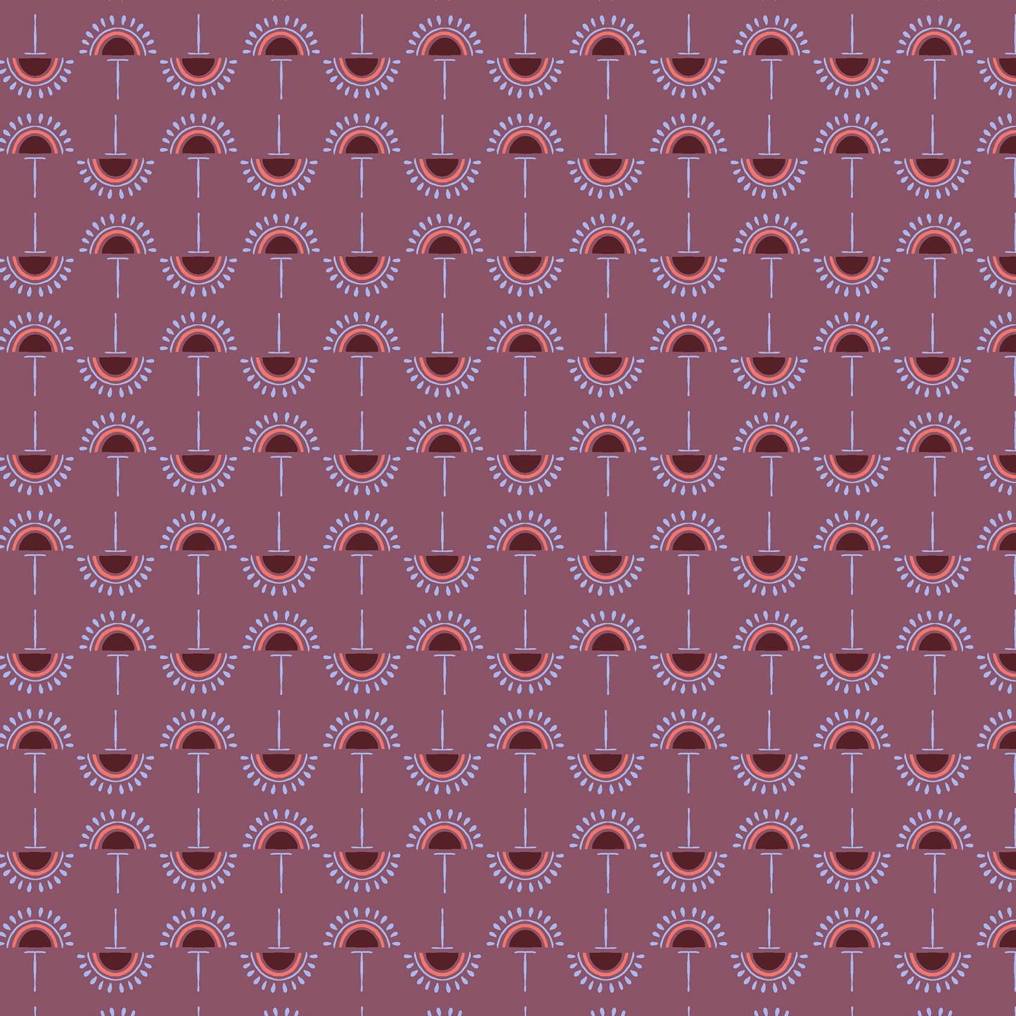 stylized flowers in lilac and coral in straight lines on a dusty purple ground, printed on fabric