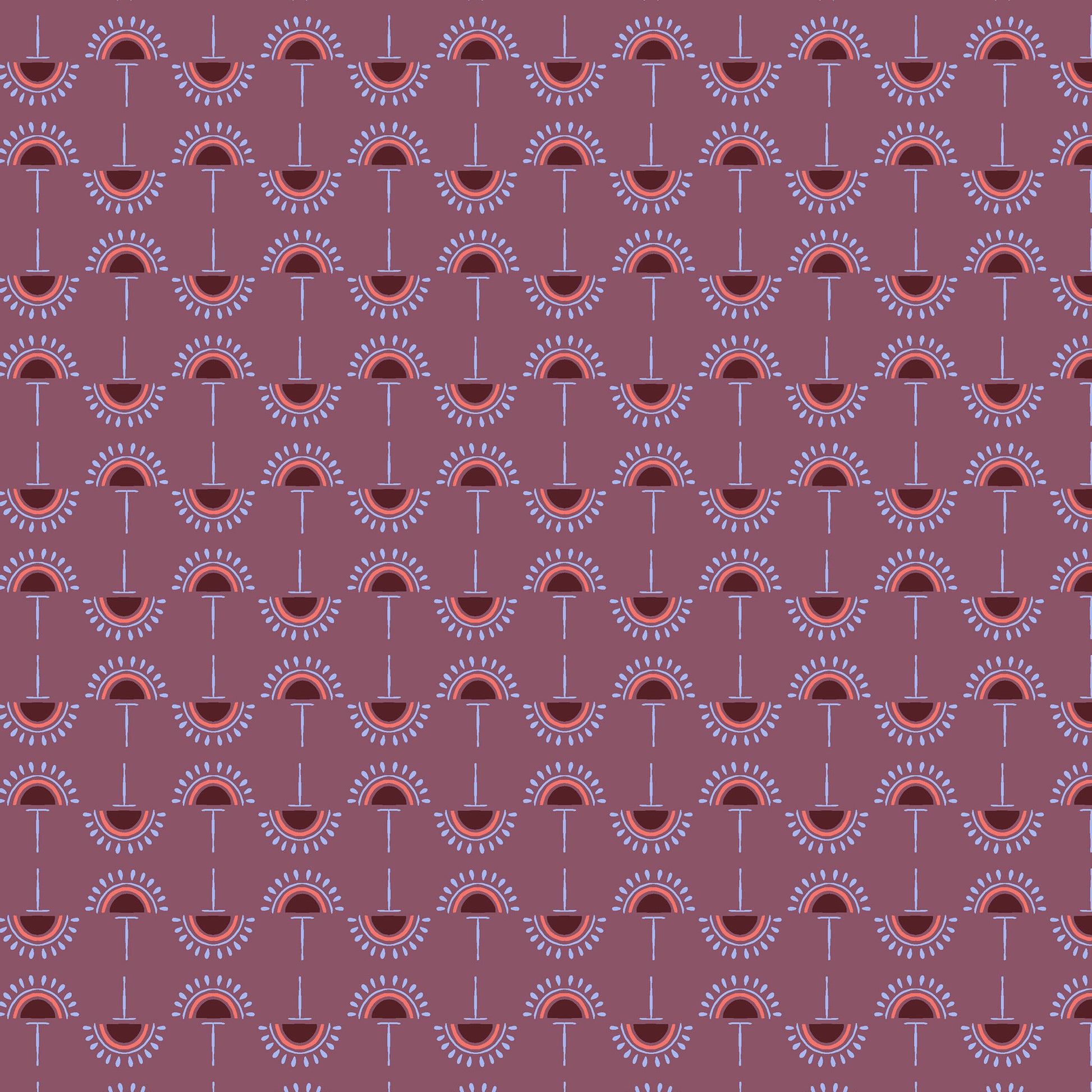 stylized flowers in lilac and coral in straight lines on a dusty purple ground, printed on fabric