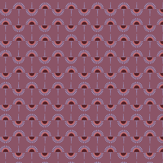 stylized flowers in lilac and coral in straight lines on a dusty purple ground, printed on fabric