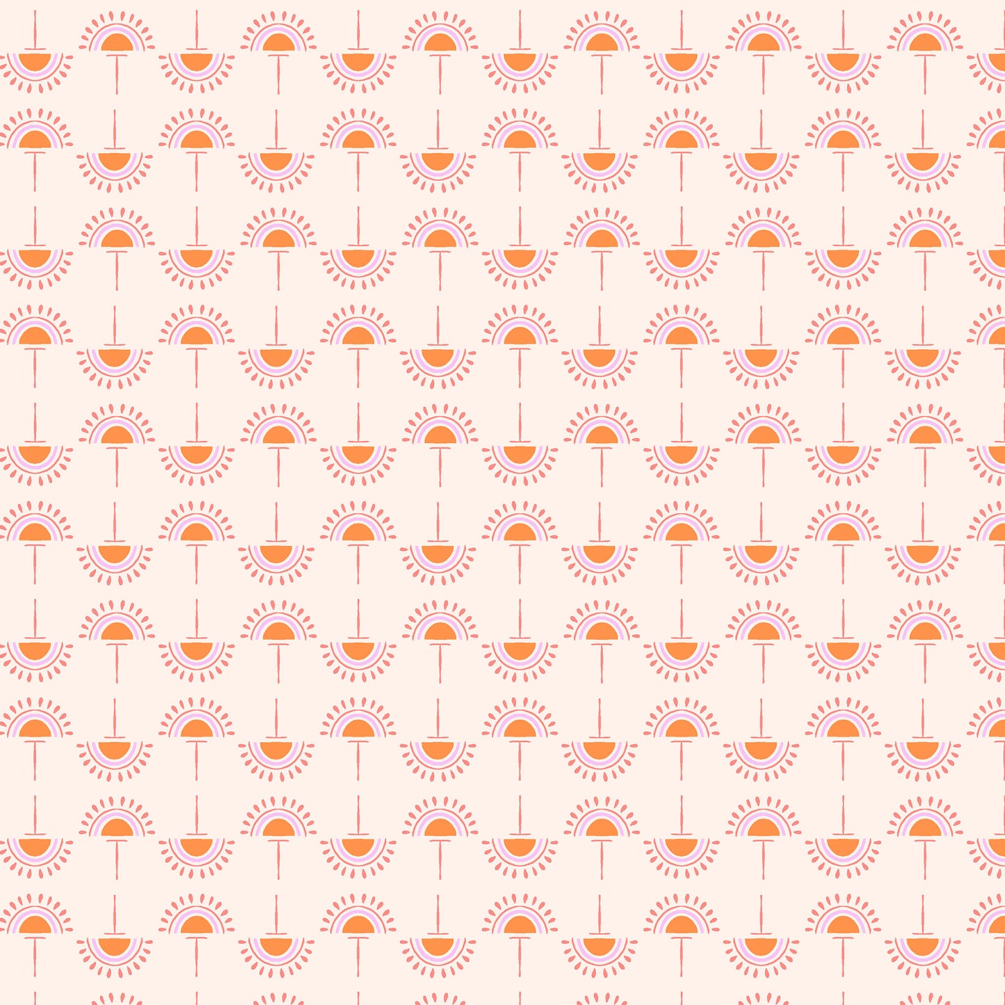 stylized flowers in orange and pink in straight lines on a creamy pink ground, printed on fabric