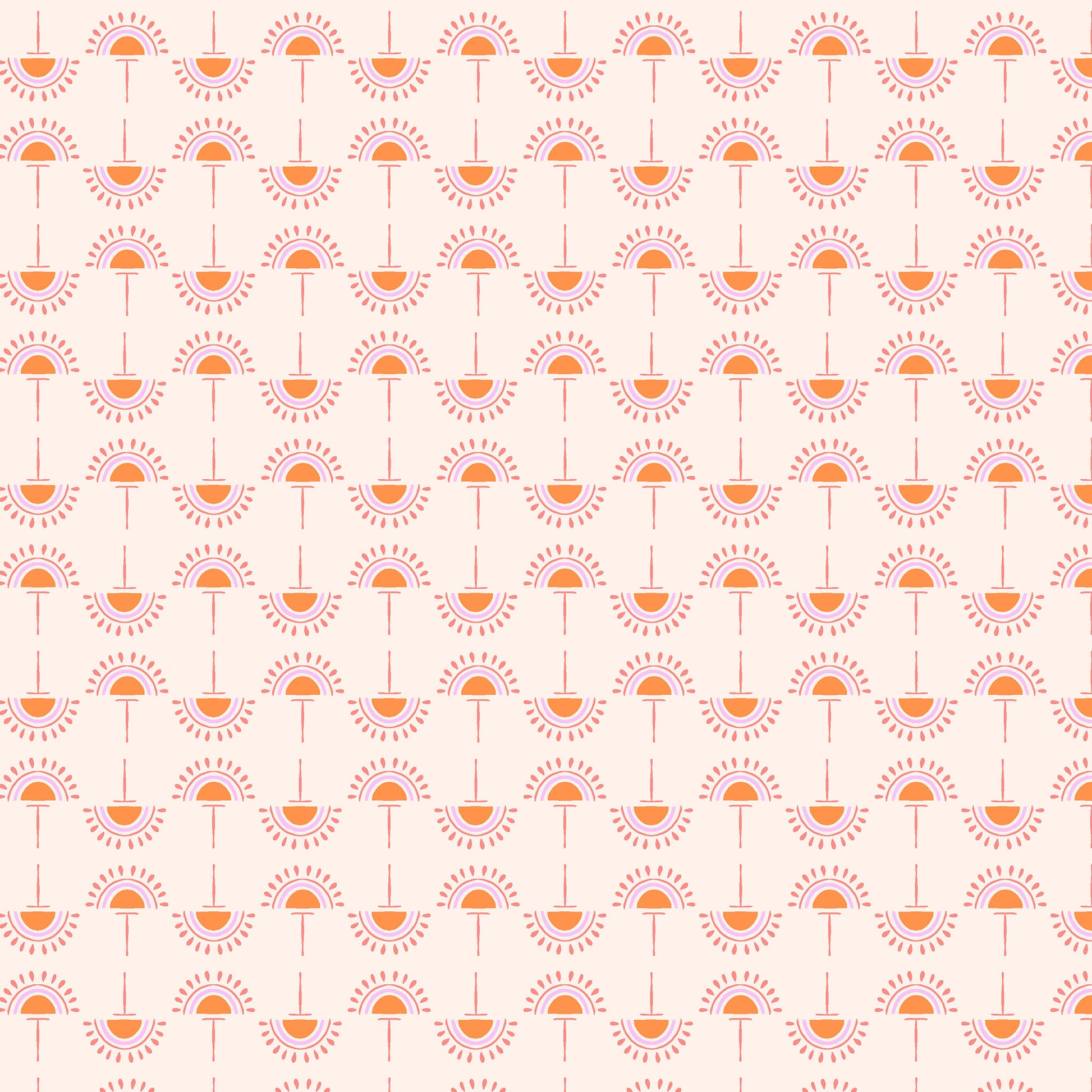 stylized flowers in orange and pink in straight lines on a creamy pink ground, printed on fabric