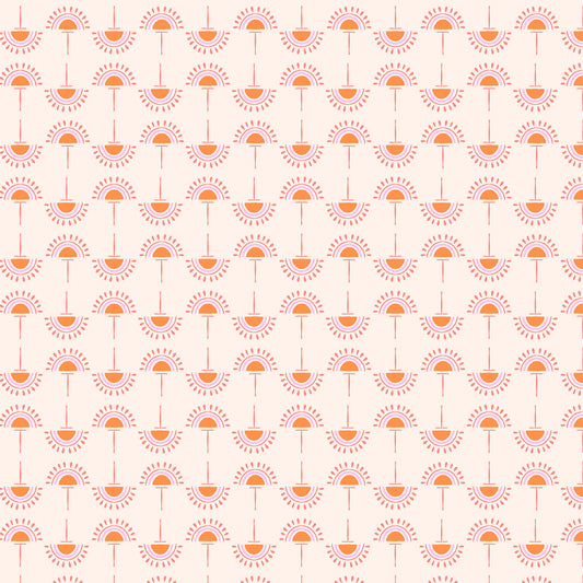 stylized flowers in orange and pink in straight lines on a creamy pink ground, printed on fabric