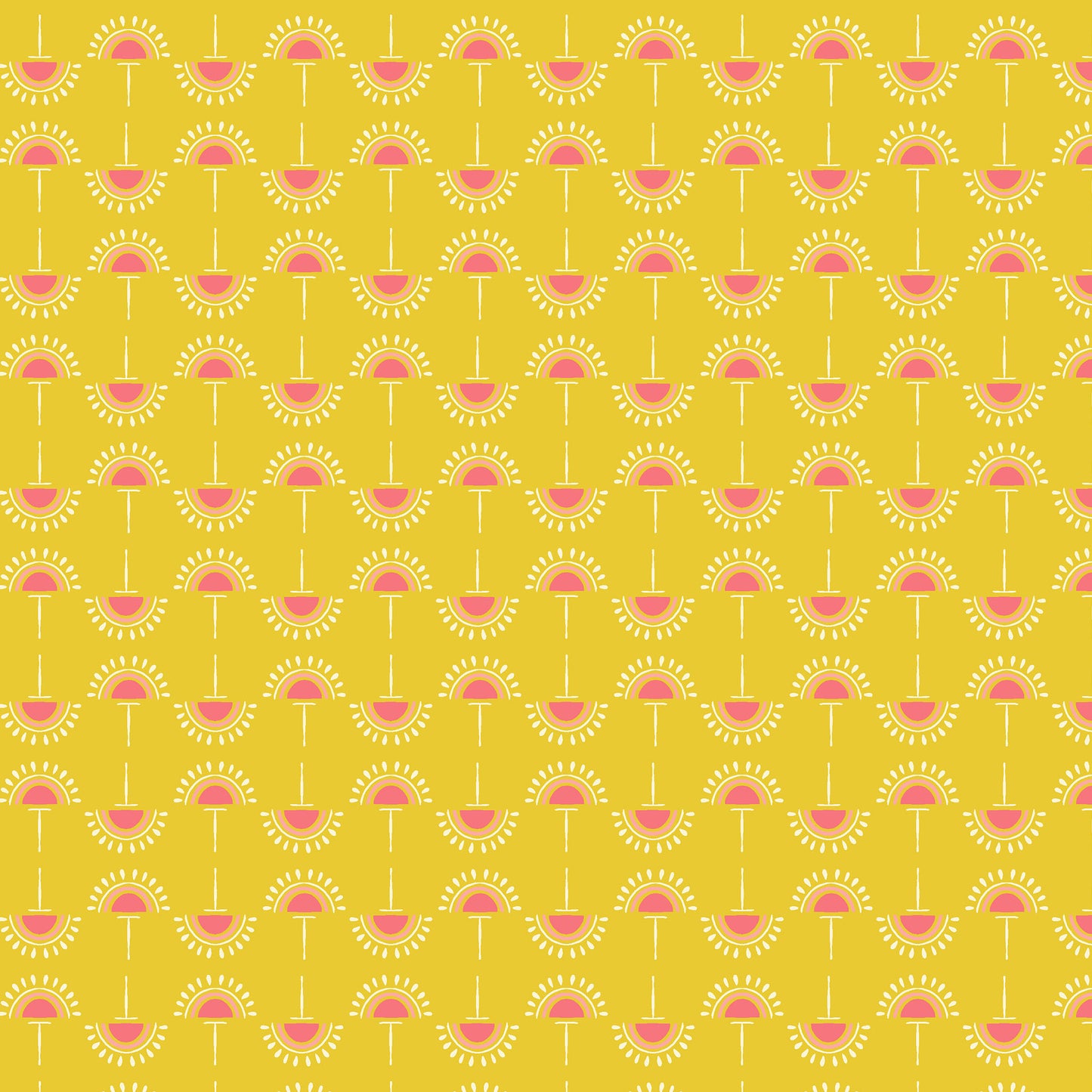 stylized flowers in coral and cream in straight lines on a bright yellow ground, printed on fabric