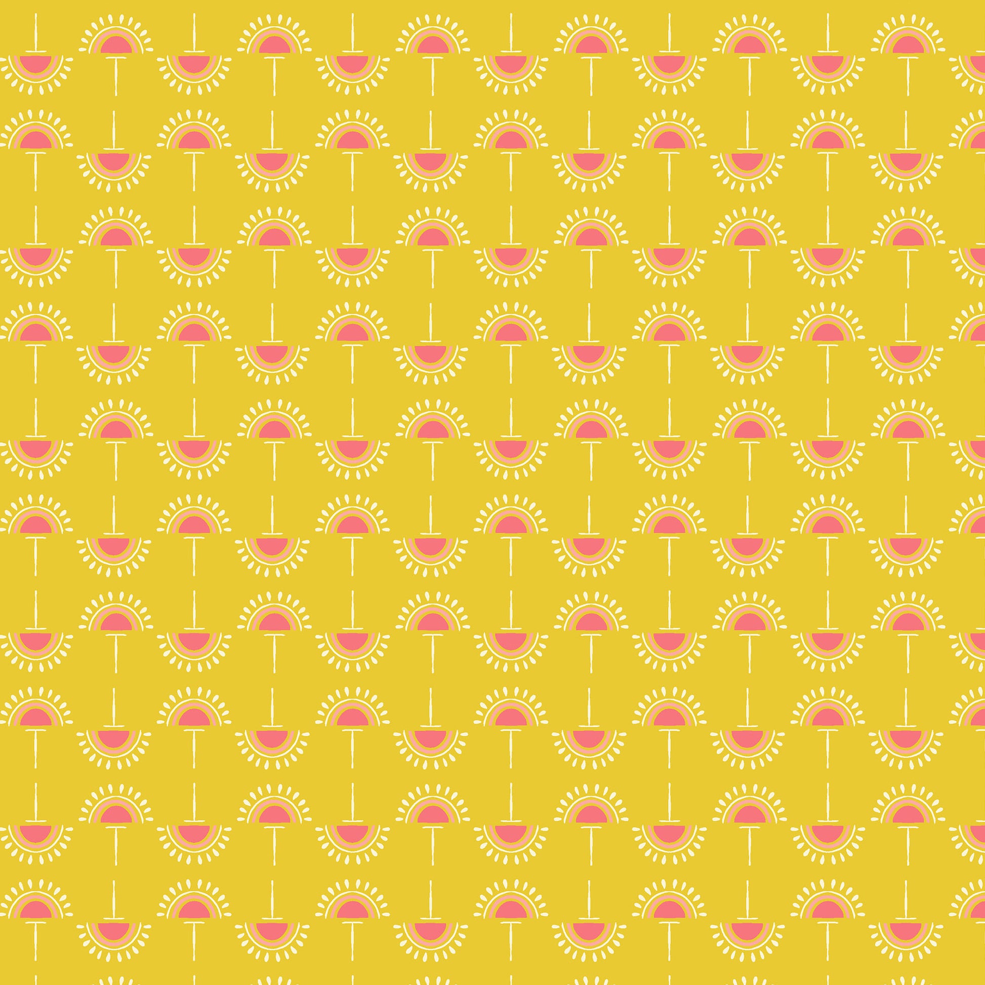 stylized flowers in coral and cream in straight lines on a bright yellow ground, printed on fabric