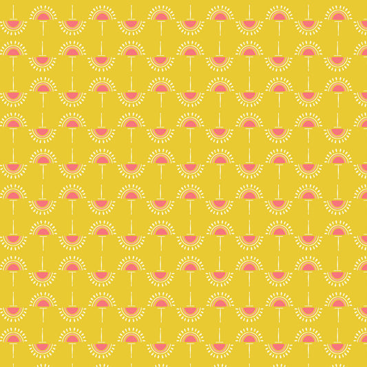 stylized flowers in coral and cream in straight lines on a bright yellow ground, printed on fabric