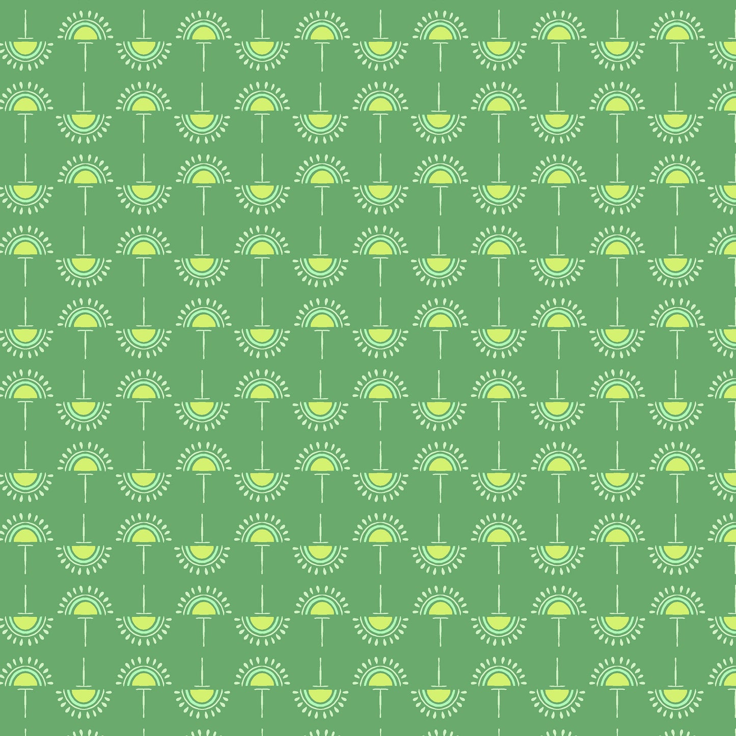 stylized flowers in light green and yellow in straight lines on a green ground, printed on fabric