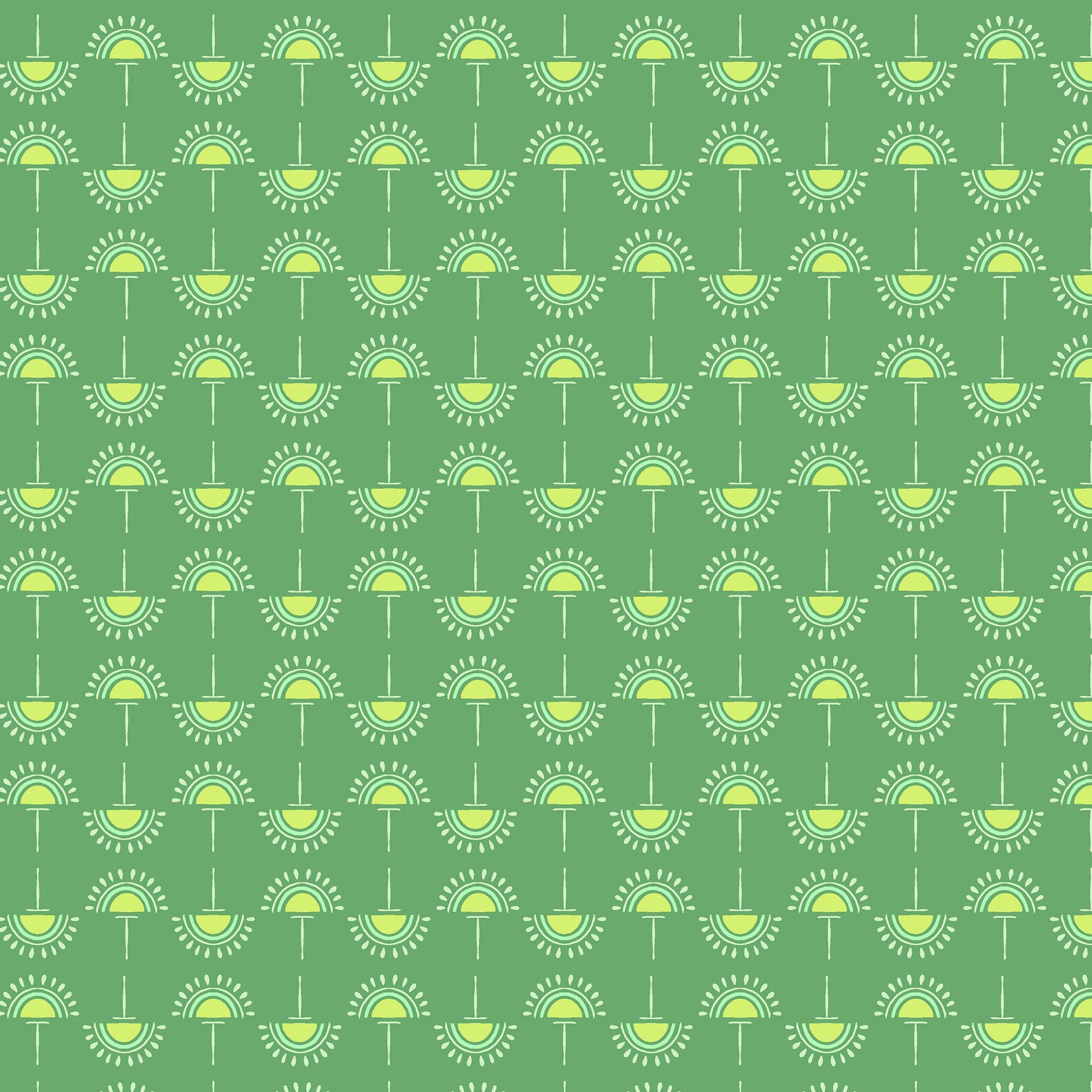 stylized flowers in light green and yellow in straight lines on a green ground, printed on fabric