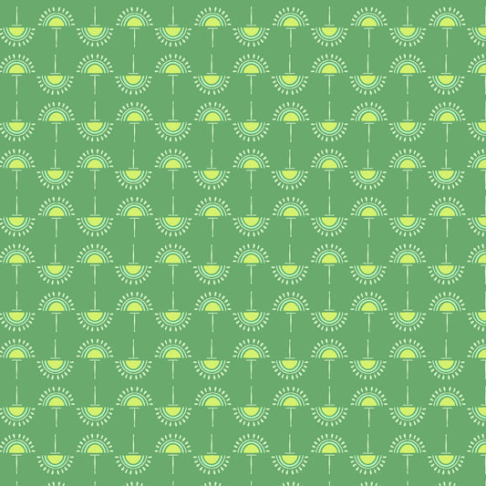 stylized flowers in light green and yellow in straight lines on a green ground, printed on fabric