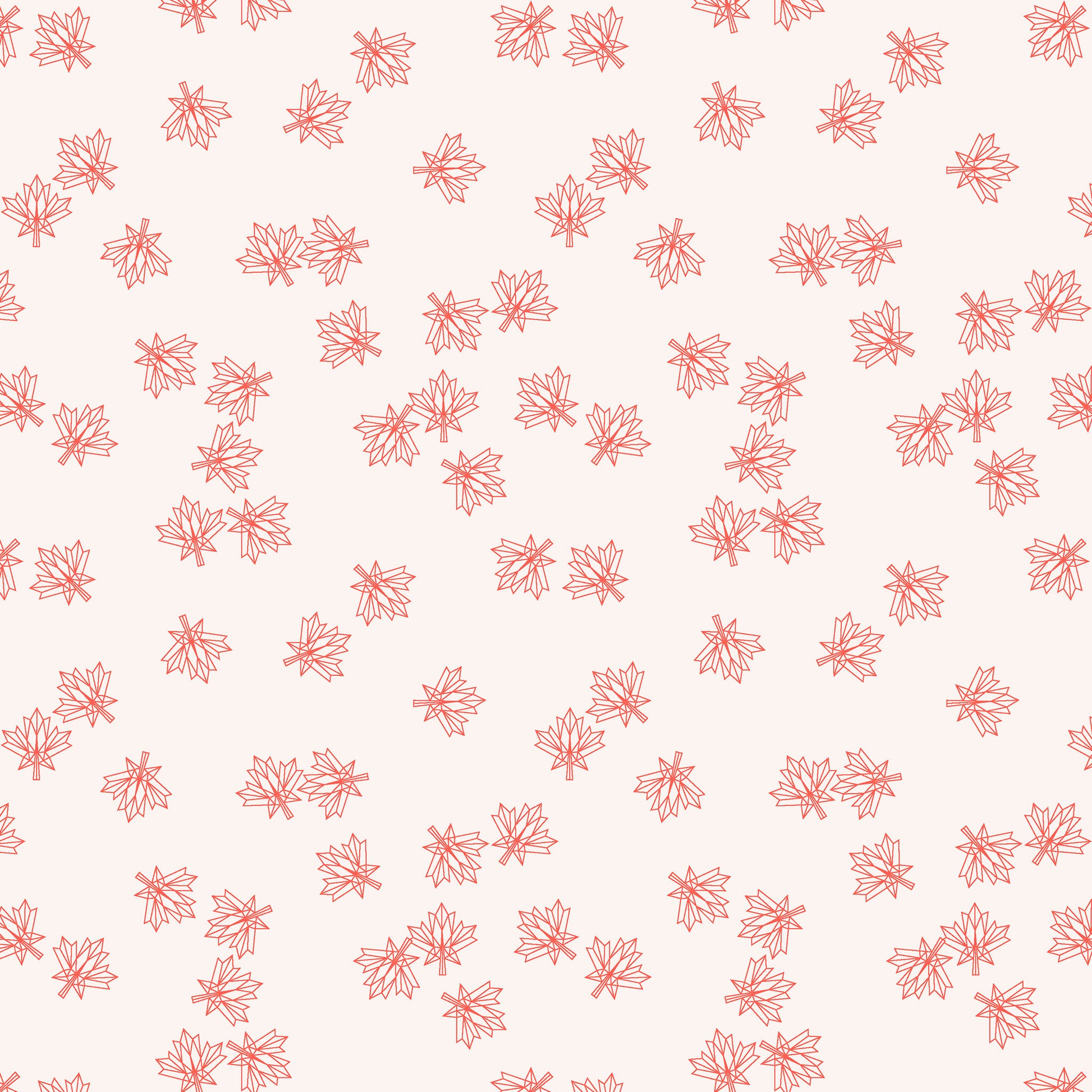 skeletal red maple leaf outlines, scattered on a white ground, printed on fabric