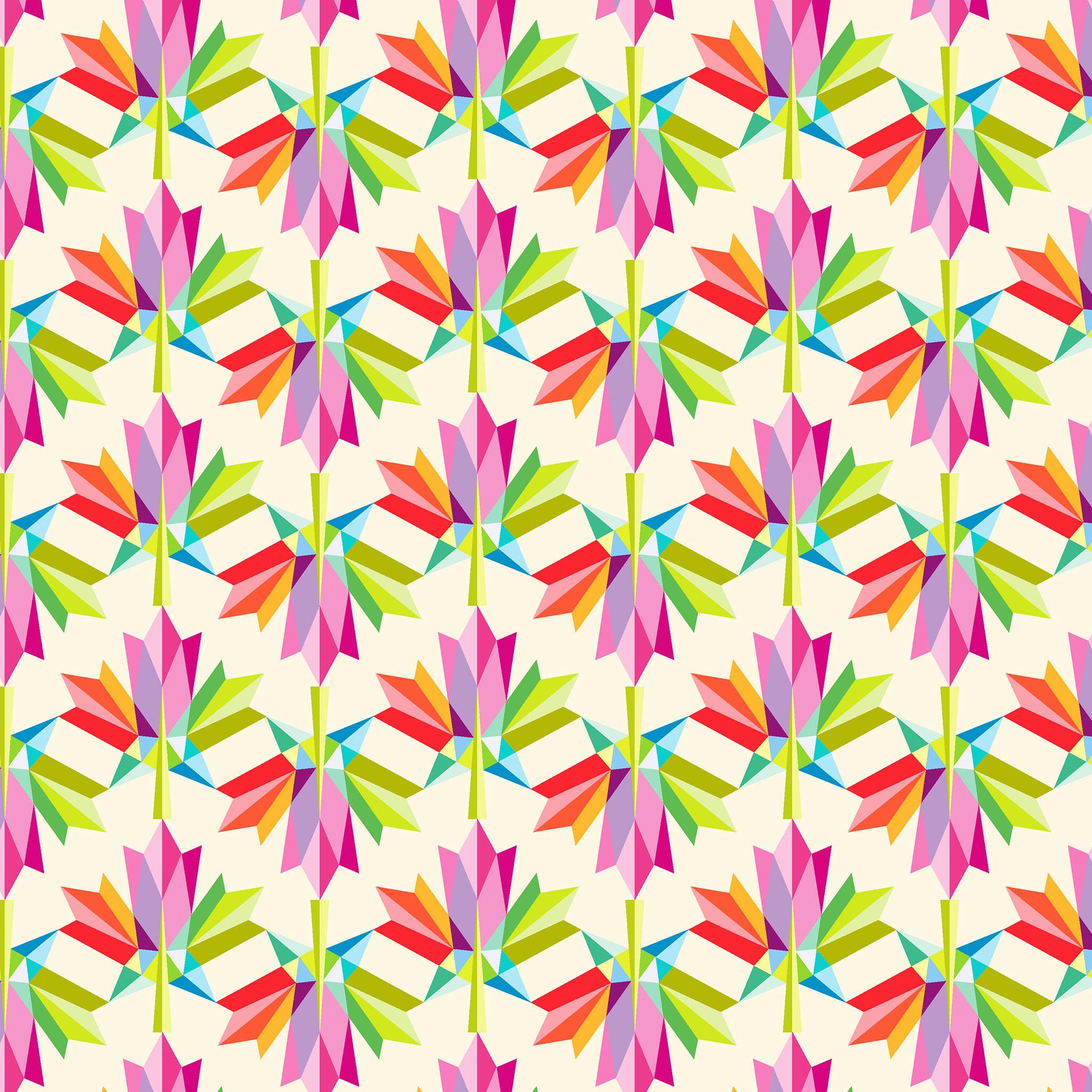 rainbow coloured maple leaves in a geometric layout on a cream ground, printed on fabric