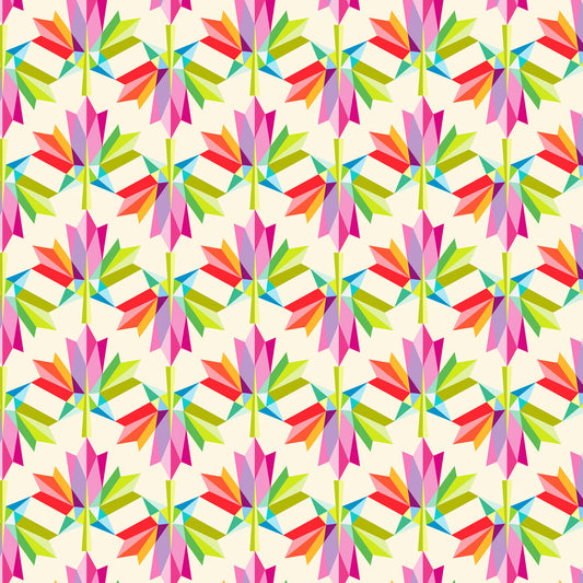 rainbow coloured maple leaves in a geometric layout on a cream ground, printed on fabric