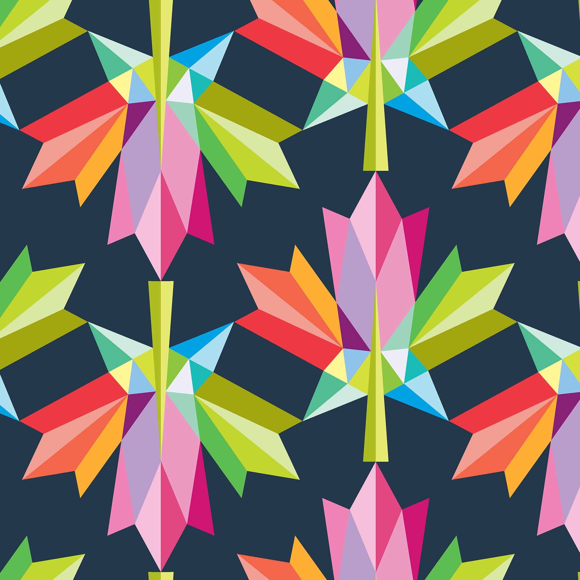 fabric of large multicolour geometric maple leaves on a dark blue ground
