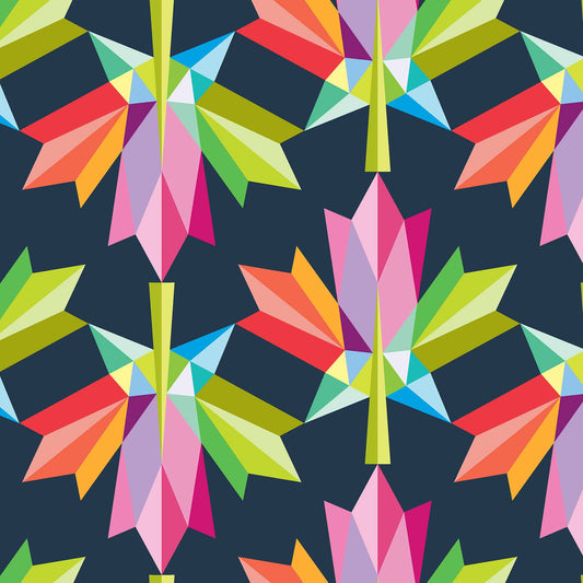 fabric of large multicolour geometric maple leaves on a dark blue ground
