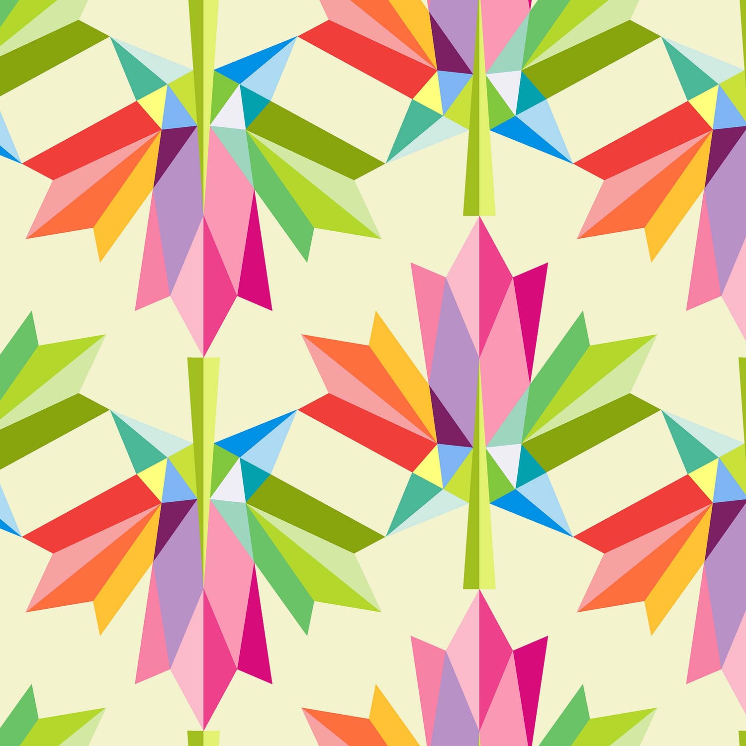 fabric of large multicolour geometric maple leaves on a cream ground