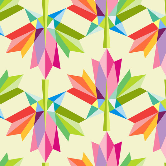 fabric of large multicolour geometric maple leaves on a cream ground