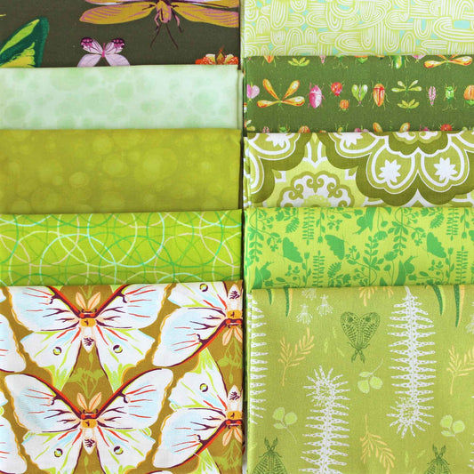 Collection of yellow-green fabric swatches with various patterns